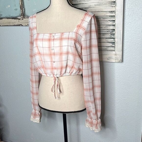 Society Stitch Plaid Checkered White Pink Poet Long Sleeve Women's Crop Top Size - Picture 2 of 11